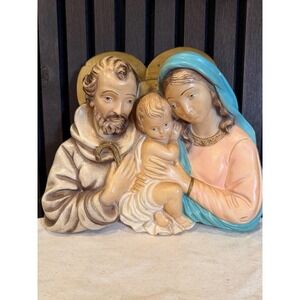 Vintage Chalkware Religious Christmas Mary Jesus Joseph Wall Plaque - 11" x 10"